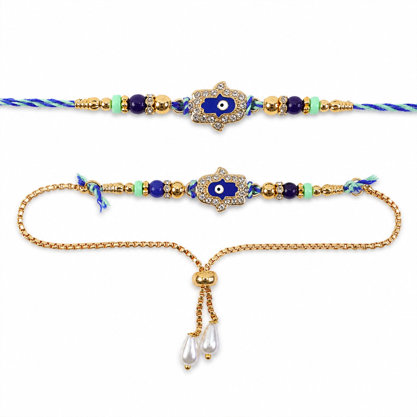 Premium Evil Eye Crystal Studded Beads Bhai Bhabhi Rakhi Lumba Set