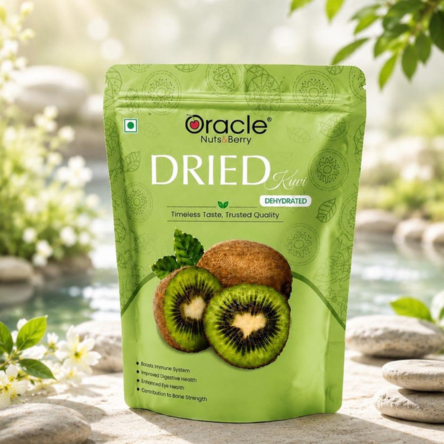 Oracle Dried Kiwi Slices packaging, showing tangy-sweet dehydrated fruit.
