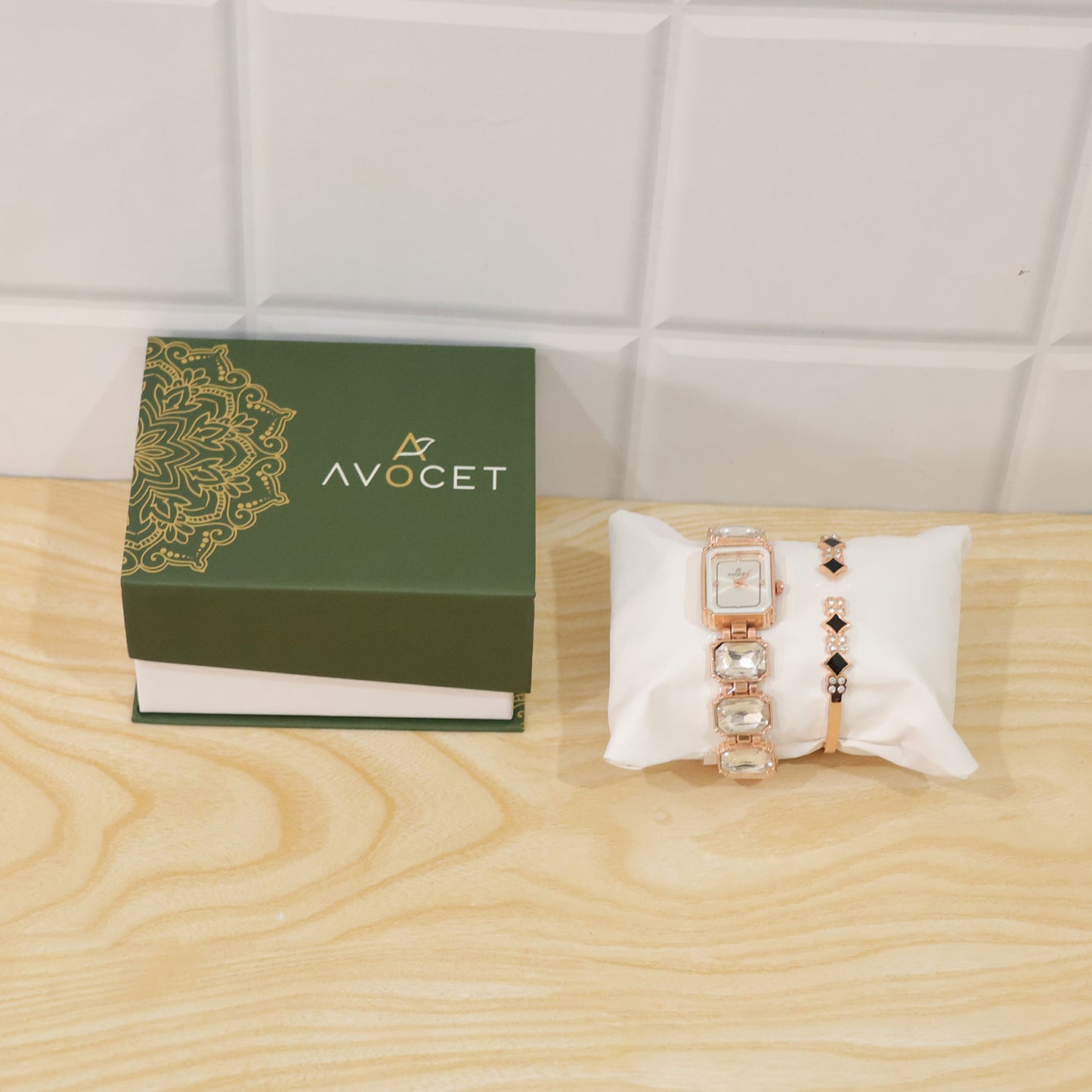 Rose Gold Watch with Square Shape Dial Bracelet Design and Black Stone Details