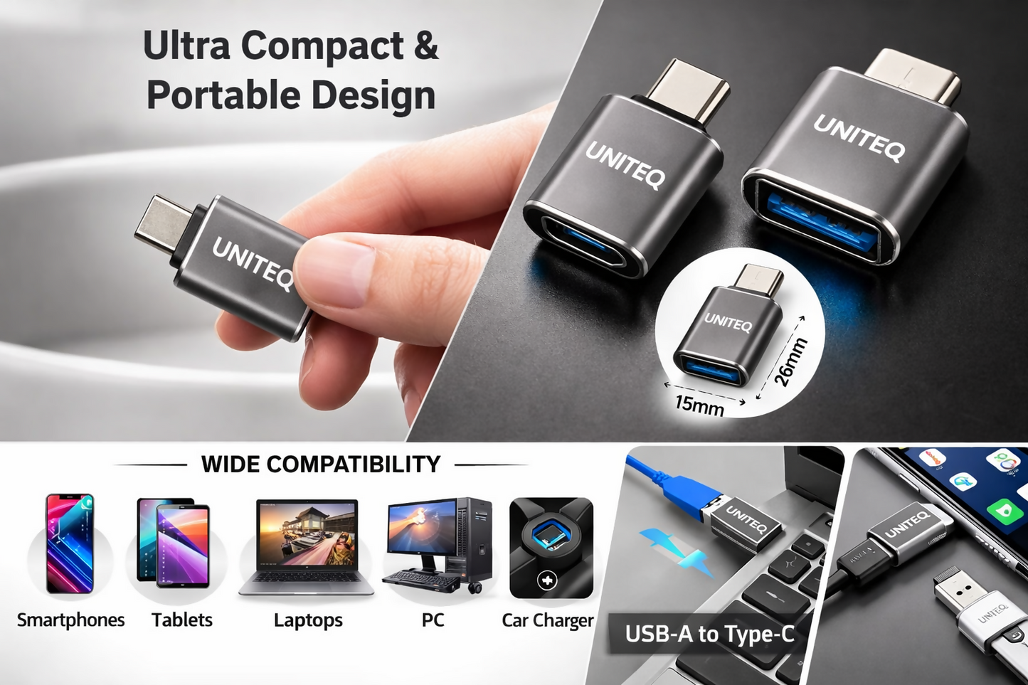 Uniteq Synclink USB-C OTG Adapter USB A Female to Type C Fast Sync
