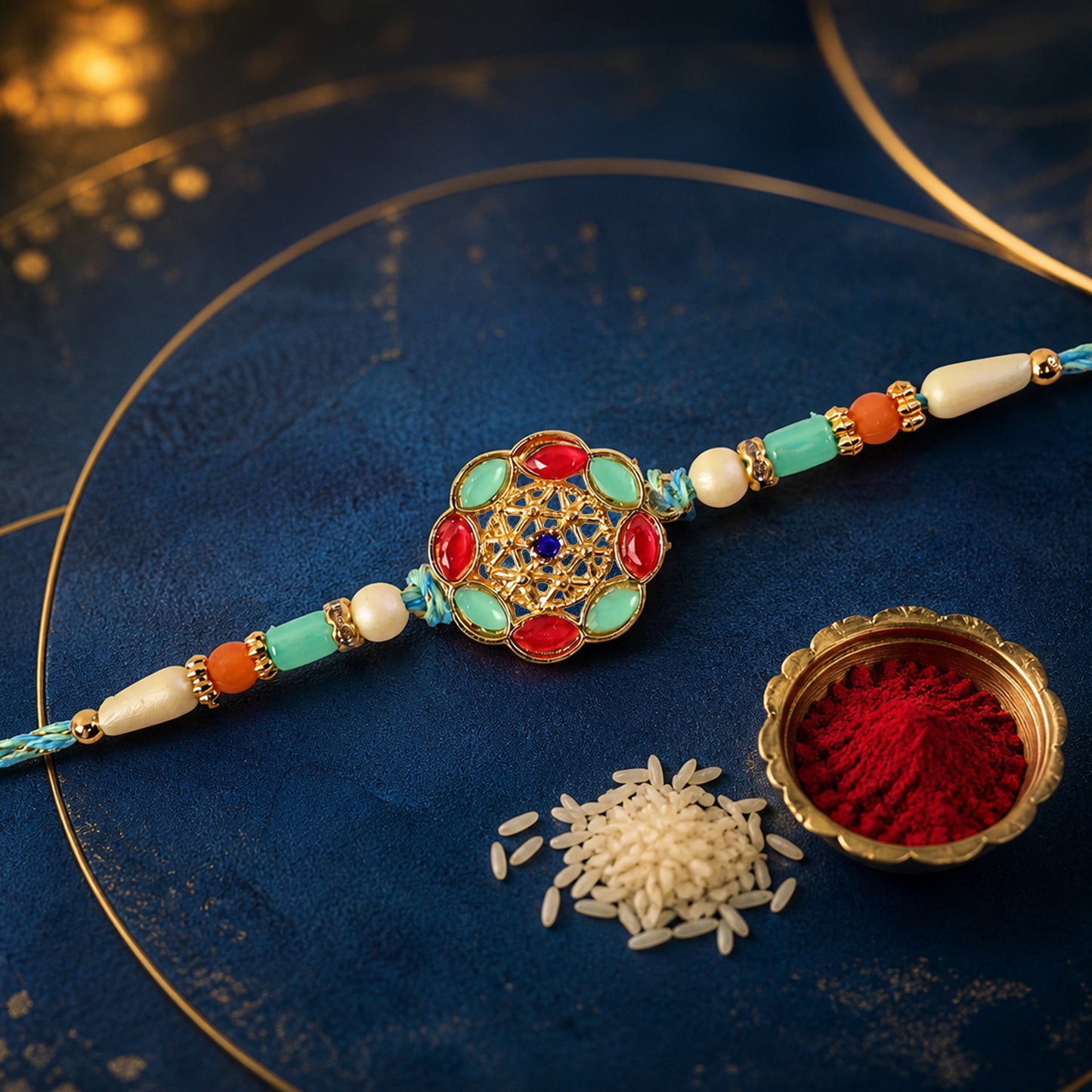 Round Floral Kundan Medallion Rakhi with Multicolor Beads