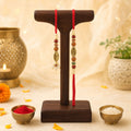 Antique Om Couple Rakhi Set with Rudraksha Style Beads and Pearl Lumba Charm Design