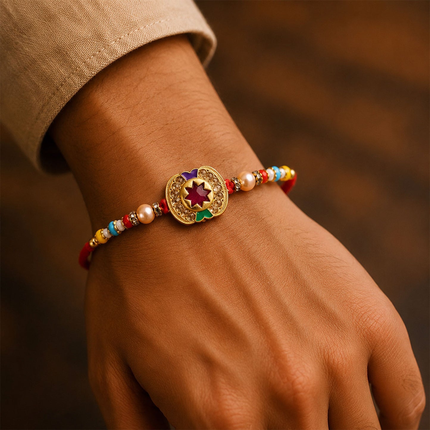 Magenta Star Floral Meenakari Rakhi for Brother with Pearl Beads Gift