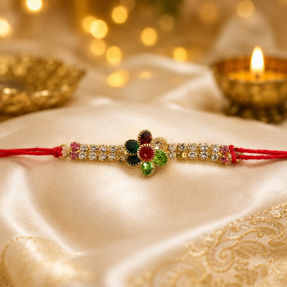 Multicolour Floral Kundan Rakhi with Red Green Center and Crystal Line