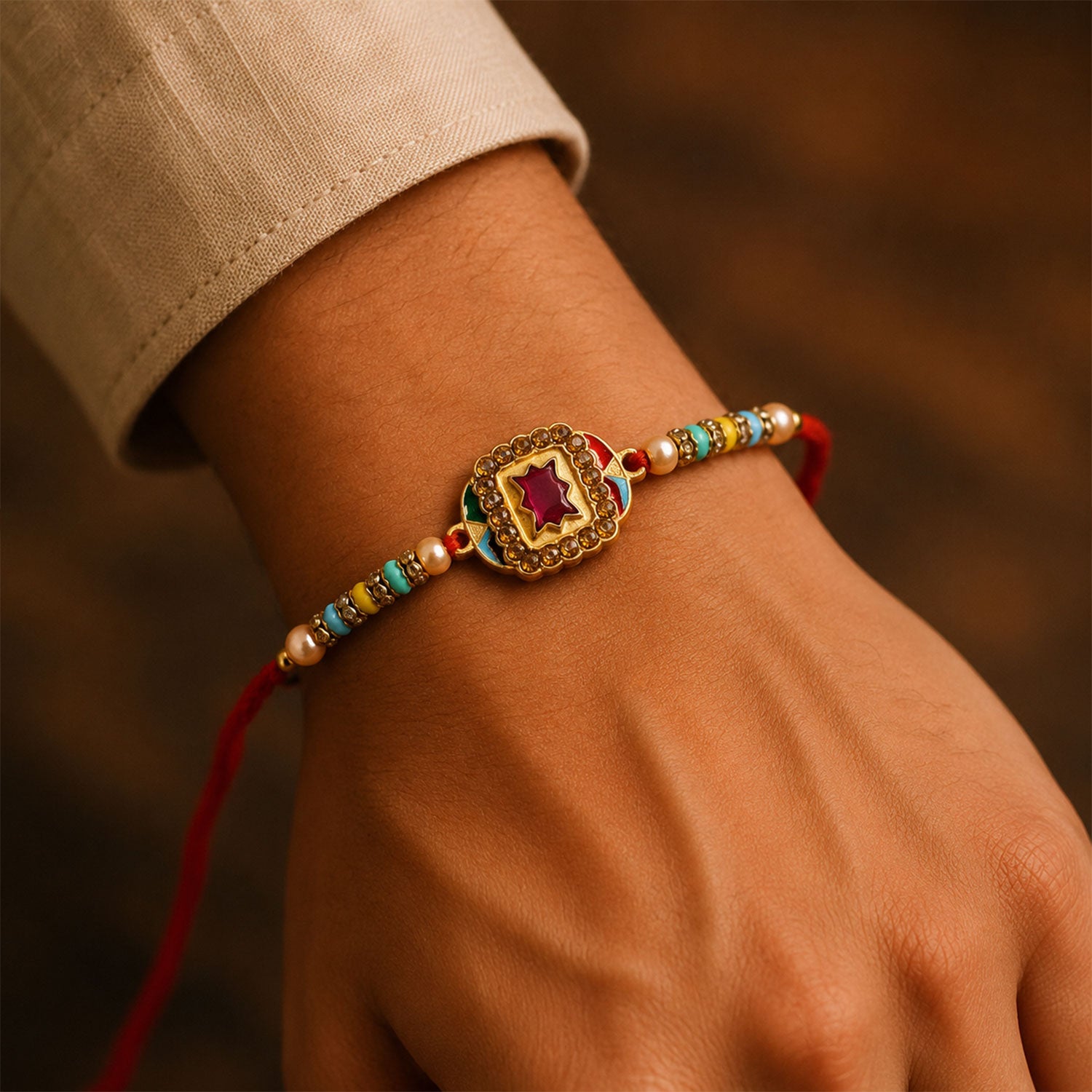 Maroon Stone Gold Kundan Border Designer Rakhi for Brother with Beads