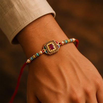Maroon Stone Gold Kundan Border Designer Rakhi for Brother with Beads