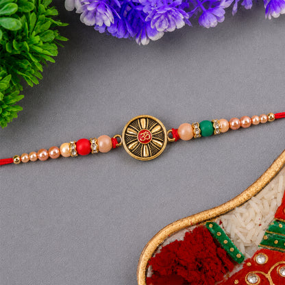 Oxidised Antique Chakra Wheel Designer Rakhi for Brother with Red Stone