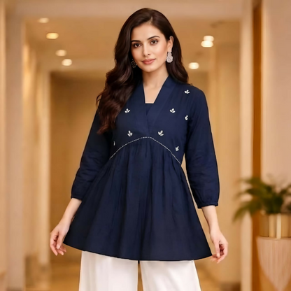 Women’s lightweight blue cotton kurti for casual and office wear