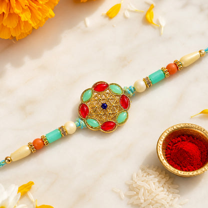 Round Floral Kundan Medallion Rakhi with Multicolor Beads