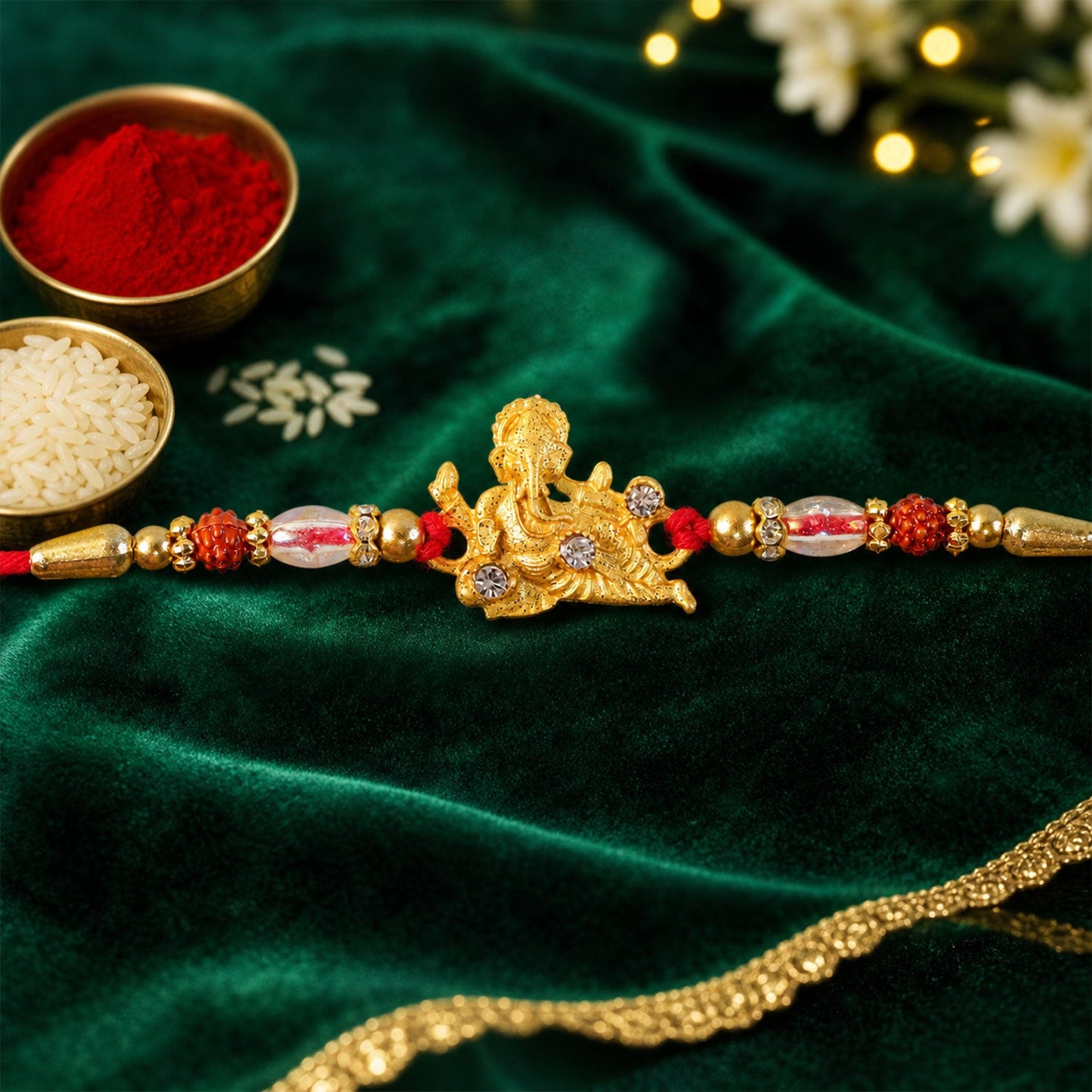 Ganesha Rakhi Rudraksha & Pearl Beads for Brother (5pcs)