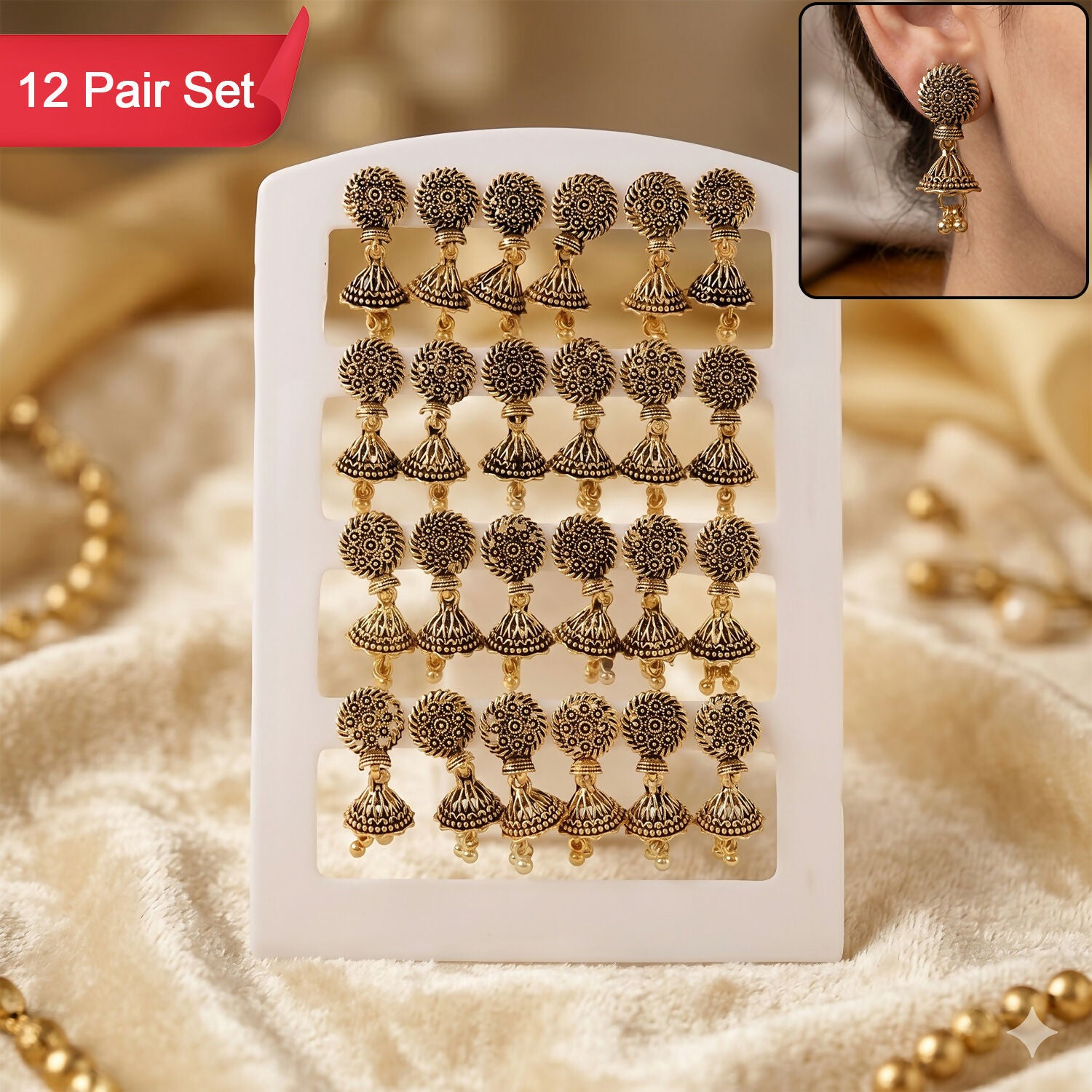 12 Pair Oxidised Square Jhumka Earrings Set - Traditional Jewellery