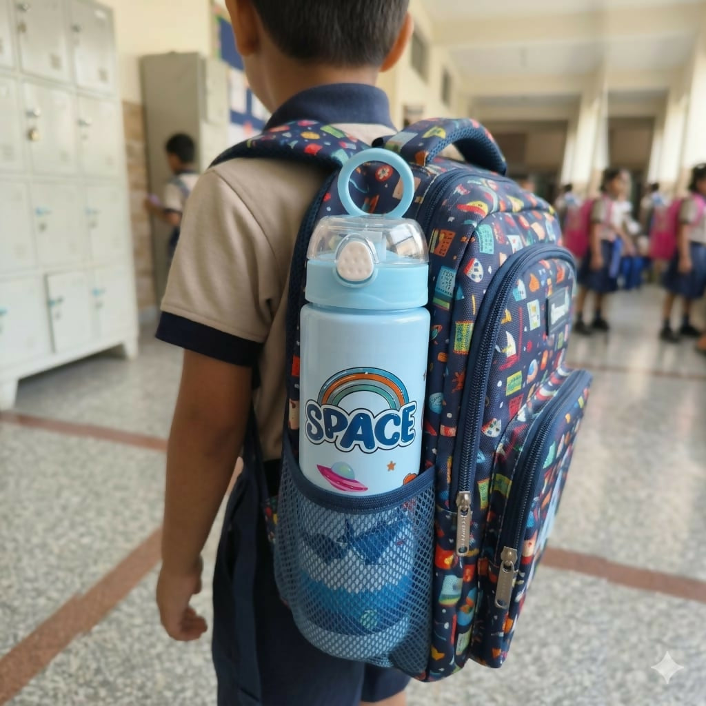 Kids water bottle with straw in vibrant cartoon designs