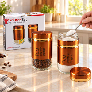 Glass Storage Canisters with Copper-Look Covers and Twist Lids (2 Pc Set)