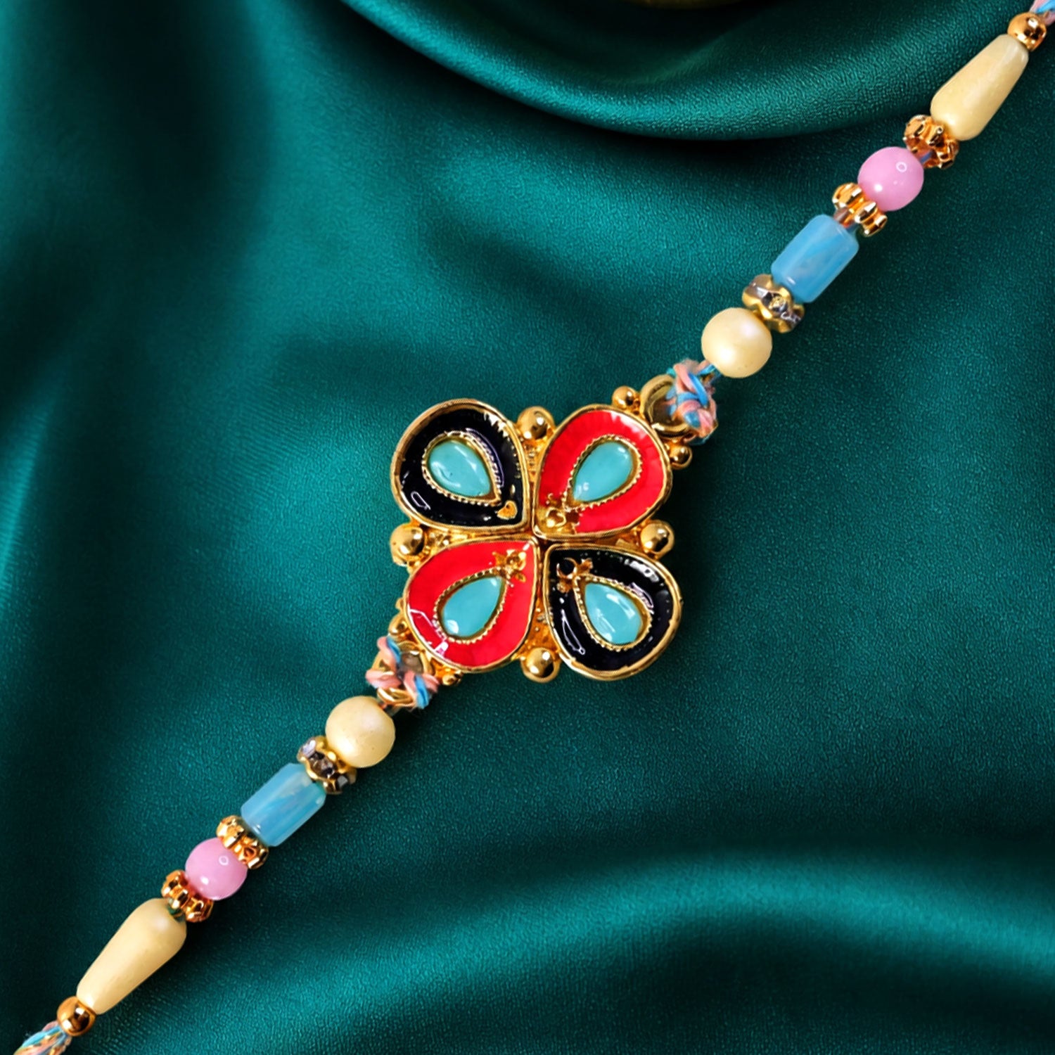 Four-Petal Floral Rakhi with Cream Thread, Multicolor Enamel and Floral Motif Design