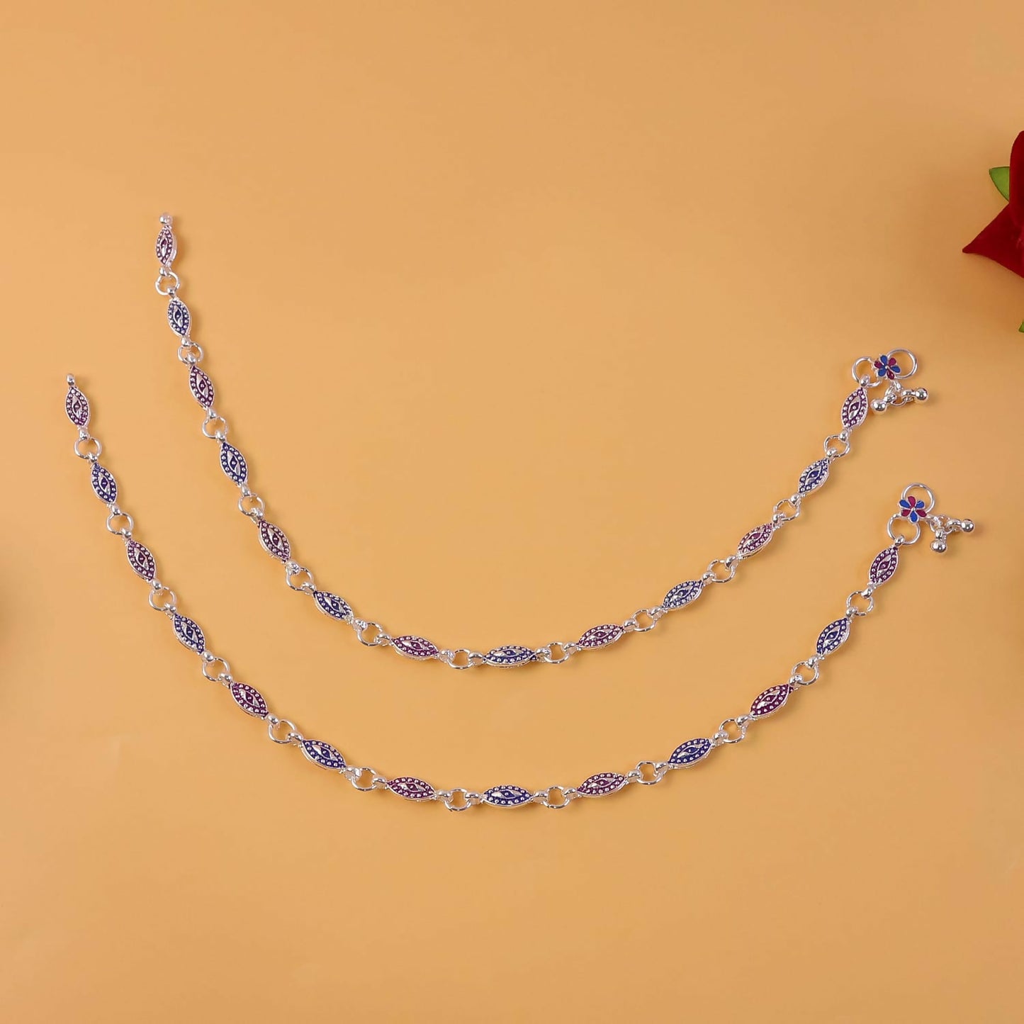 Elegant Silver Enamel Leaf Anklet Pair with Floral Charm