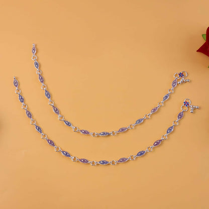 Elegant Silver Enamel Leaf Anklet Pair with Floral Charm