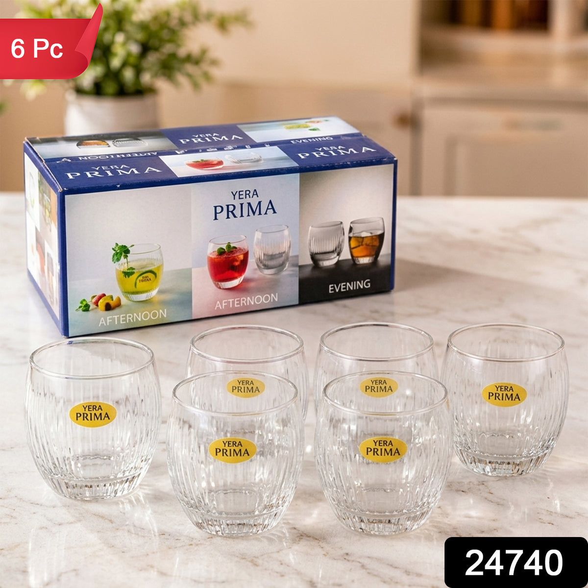 Yera Prima Naples Ribbed Glass Tumbler Set for Water and Juice (6 Pc)