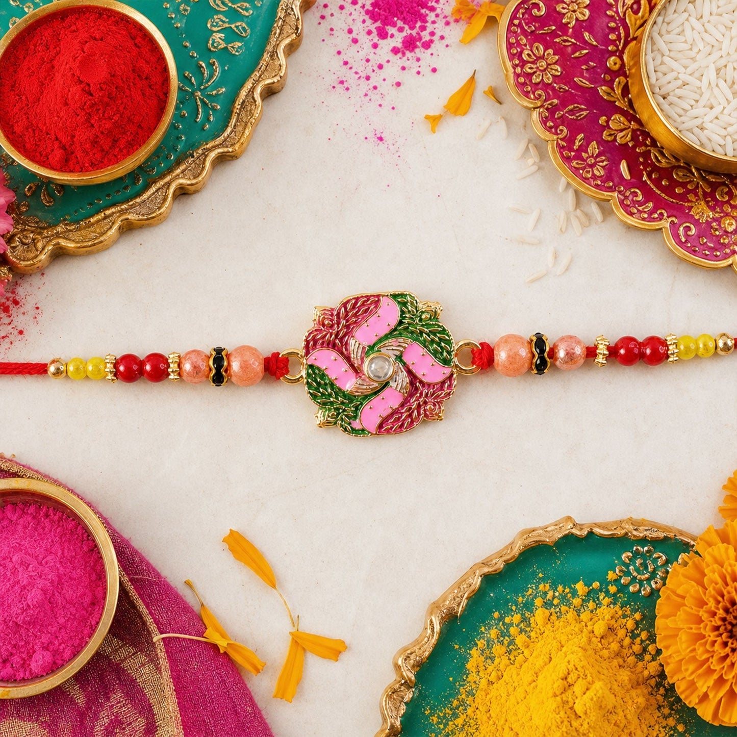 Round Swastik Stone Kundan Rakhi for Brother (5pcs)