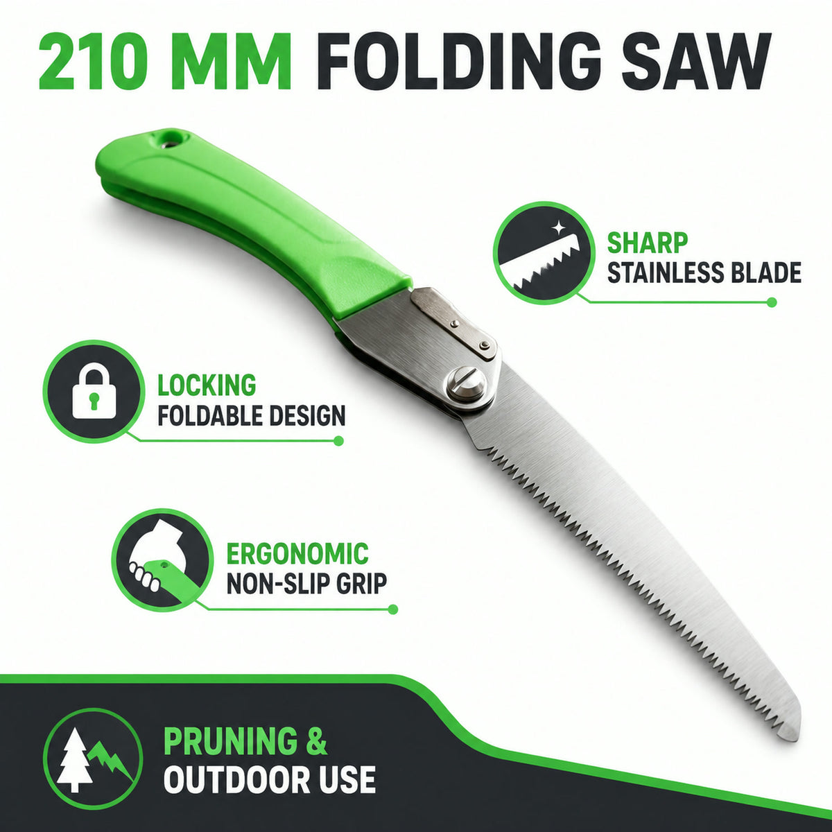 Folding Saw – Sharp 210mm Stainless Steel Blade for Pruning & Outdoor Use - key features