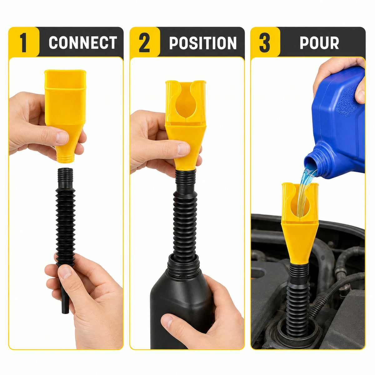 Flexible Plastic Funnel – Spill-Free Car Oil Fuel Filling - usage guide