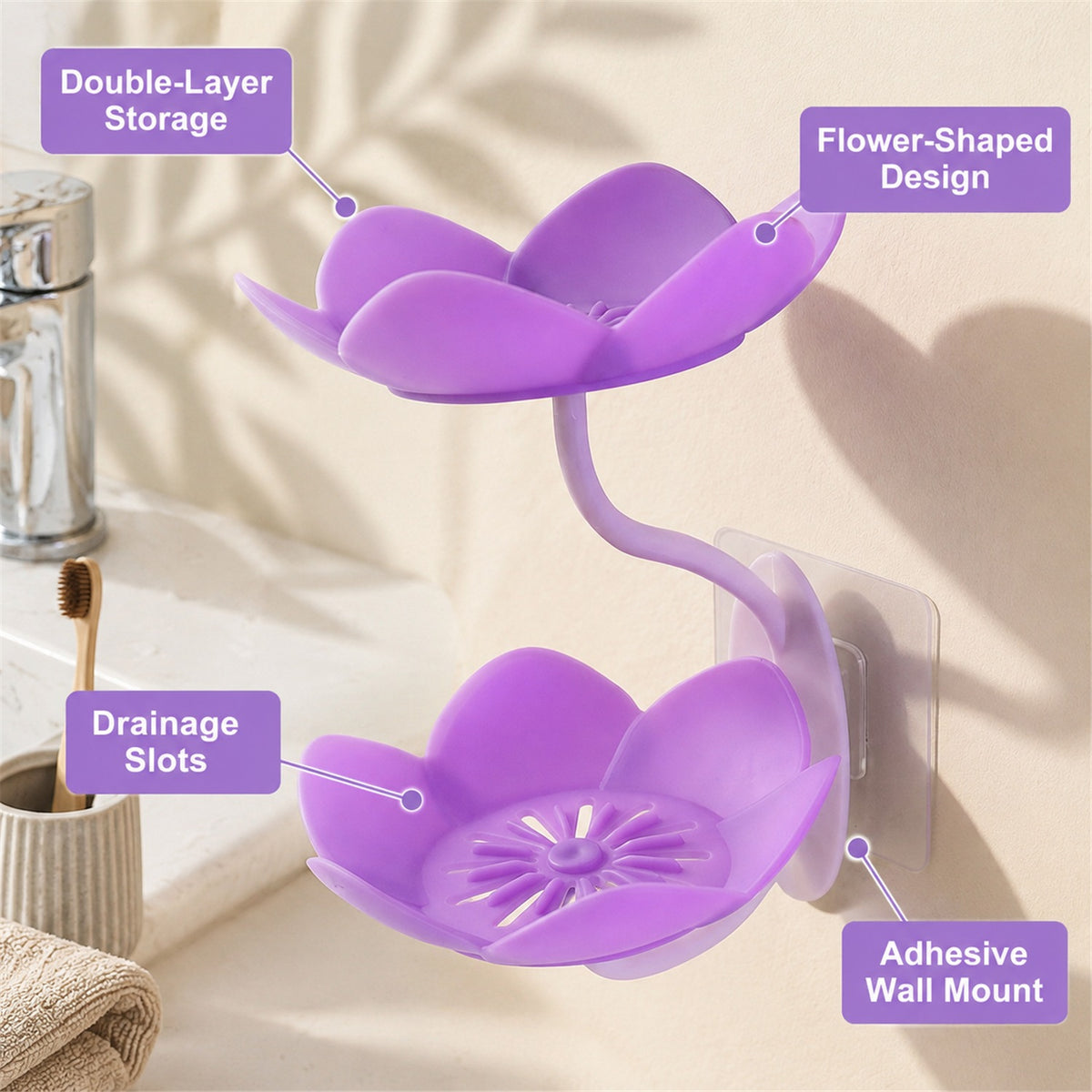 Flower Shape Double Layer Soap Dish – Wall Mount, Self Draining - key features