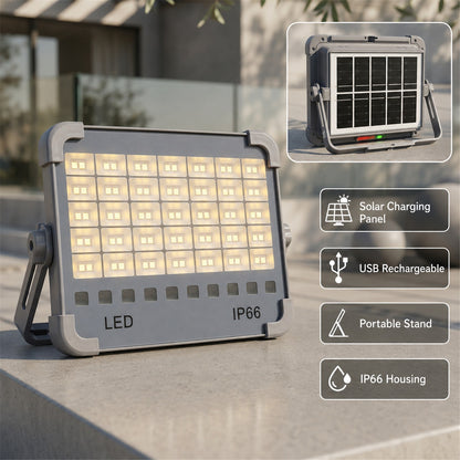 Solar USB Rechargeable LED Flood Light – Waterproof & Portable - key features