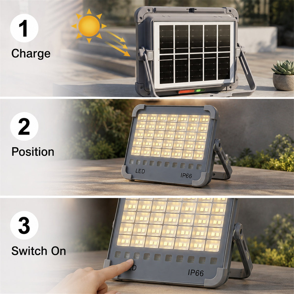 Solar USB Rechargeable LED Flood Light – Waterproof & Portable - usage guide