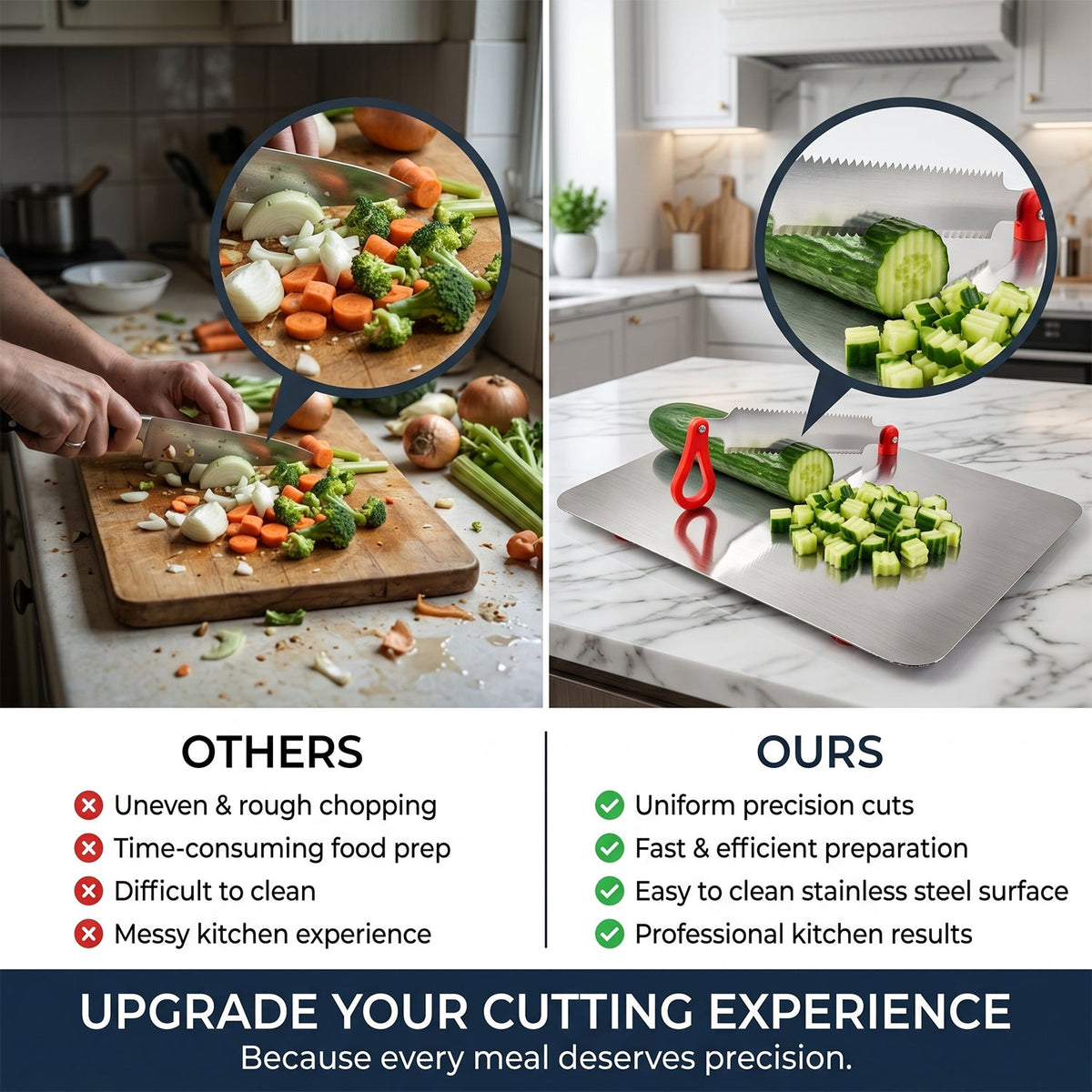A split image showing a person chopping vegetables on a wooden board versus using the stainless steel board for precise cuts.