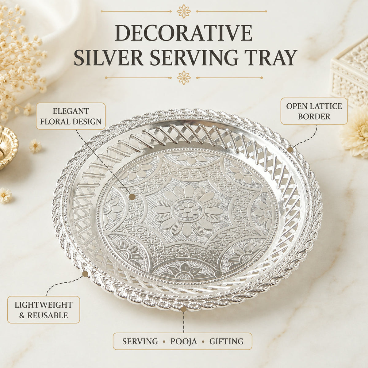 Decorative Silver Serving Tray – Elegant Round Floral Design - key features