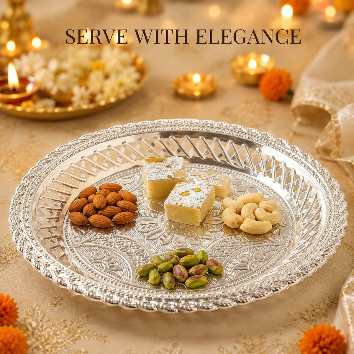 Decorative Silver Serving Tray – Elegant Round Floral Design - lifestyle view