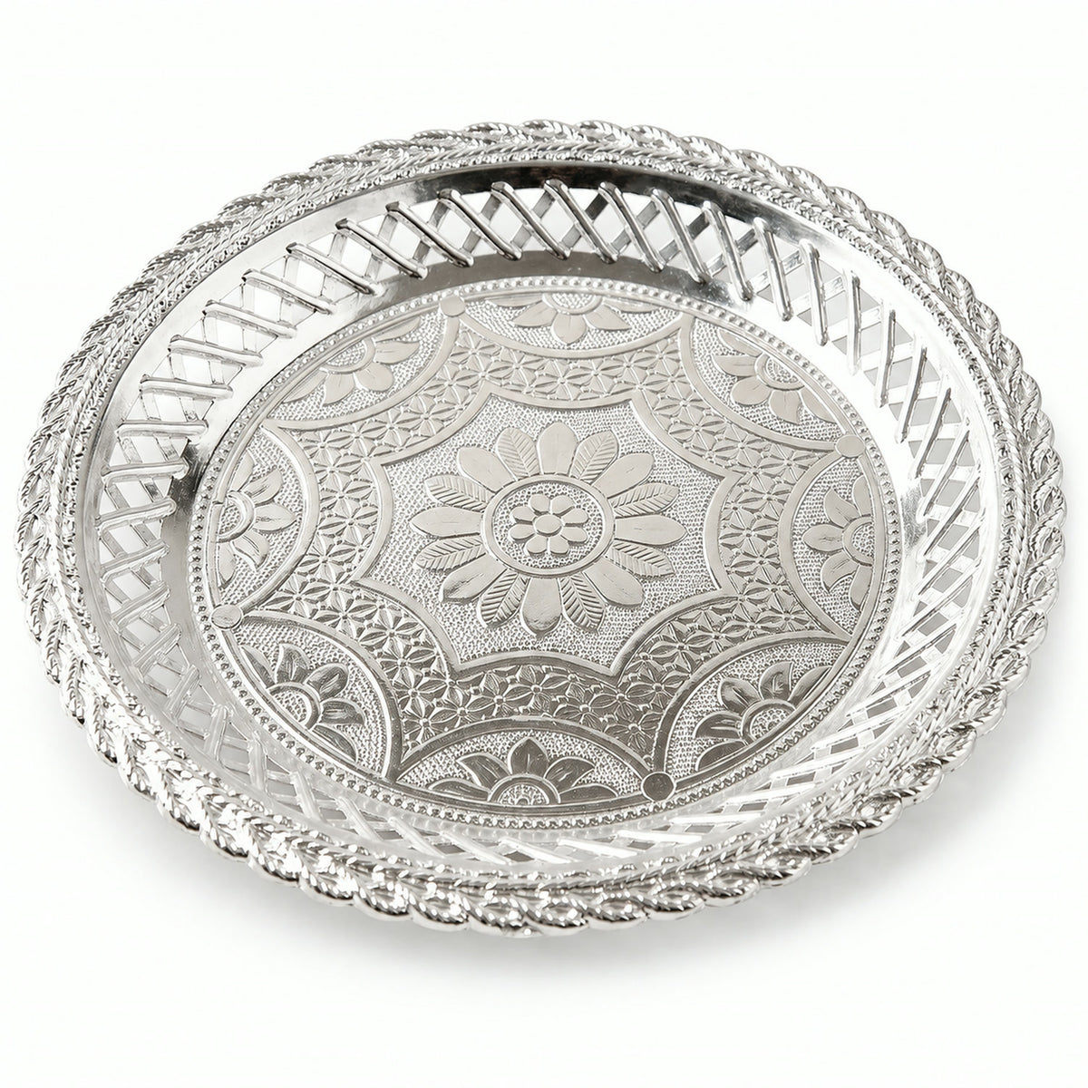 Decorative Silver Serving Tray – Elegant Round Floral Design - white background