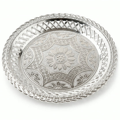 Decorative Silver Serving Tray – Elegant Round Floral Design - white background