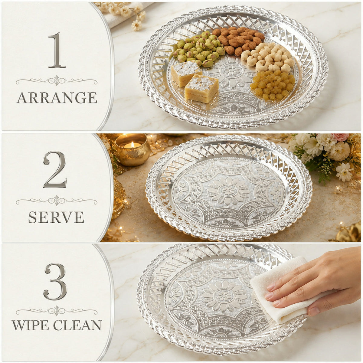 Decorative Silver Serving Tray – Elegant Round Floral Design - usage guide