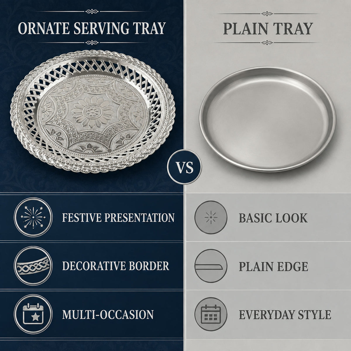 Decorative Silver Serving Tray – Elegant Round Floral Design - product comparison