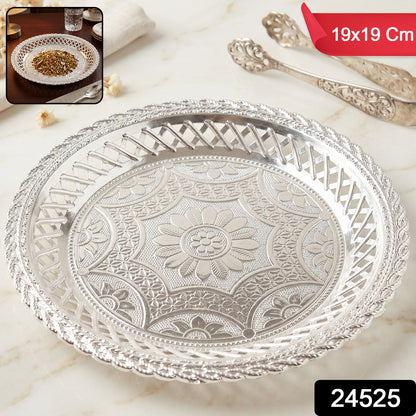 Decorative Silver Serving Tray – Elegant Round Floral Design - SKU 24525_decorative_silver_serving_tray_1pc_no1