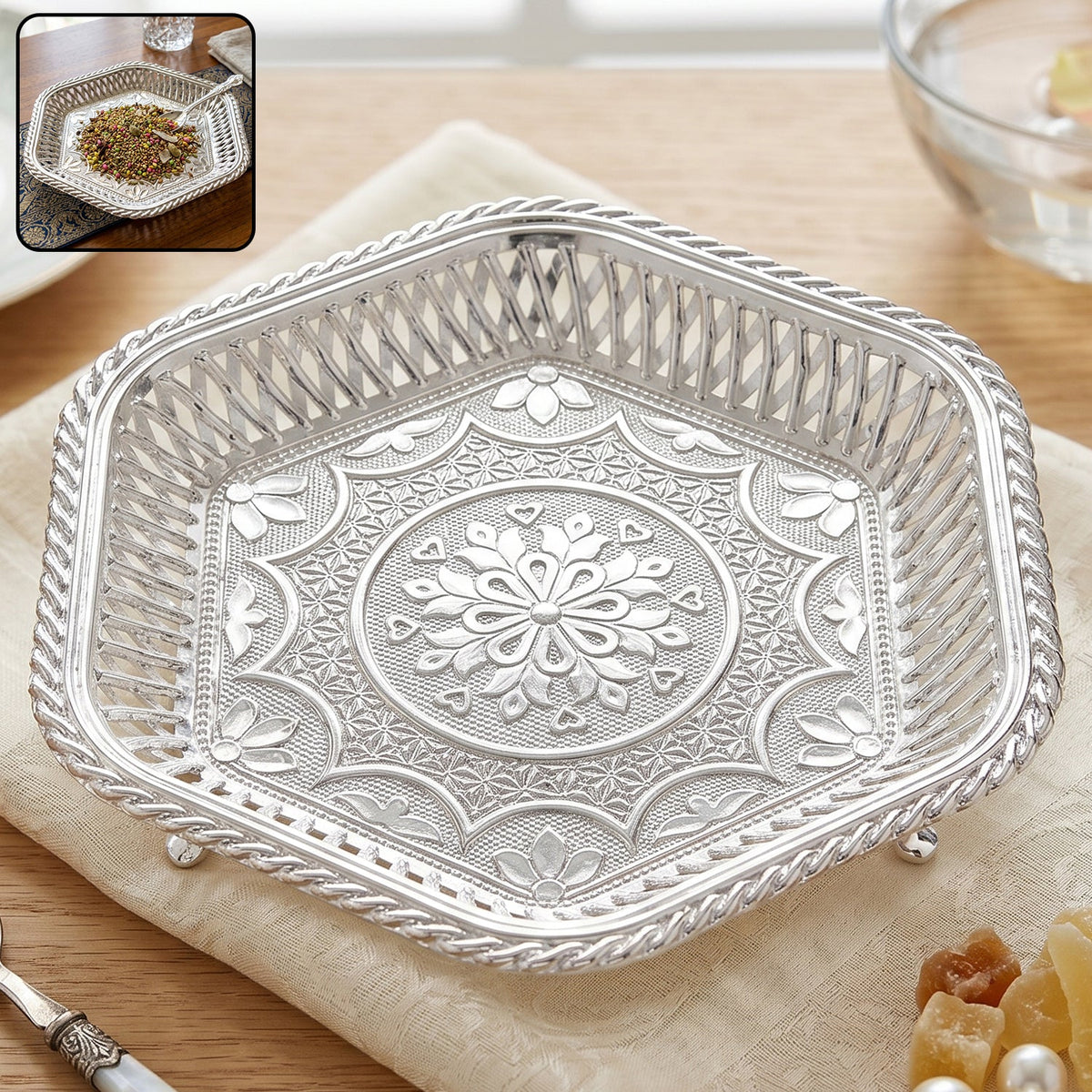 Decorative Silver Serving Tray – Traditional Embossed Floral Design - clean product hero