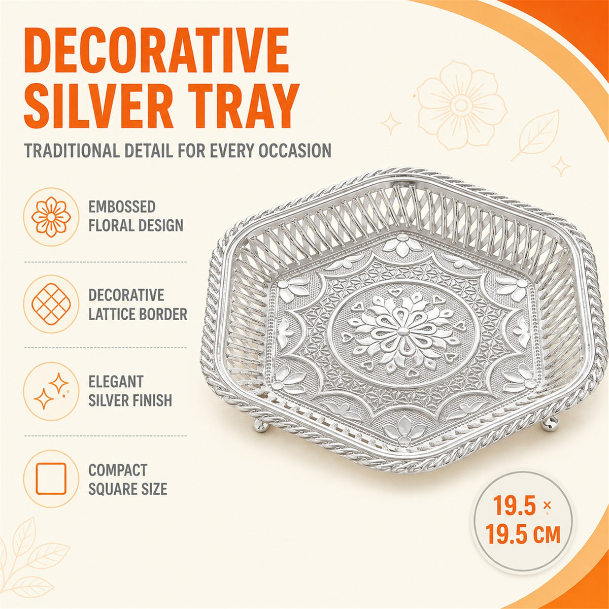 Decorative Silver Serving Tray – Traditional Embossed Floral Design - key features
