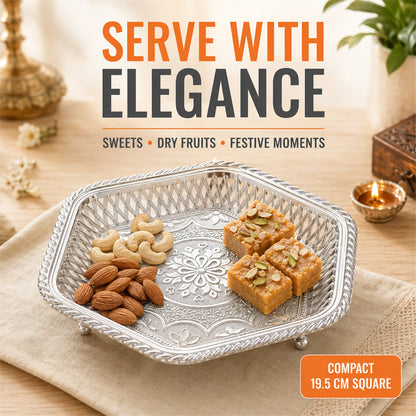 Decorative Silver Serving Tray – Traditional Embossed Floral Design - lifestyle view