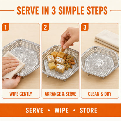 Decorative Silver Serving Tray – Traditional Embossed Floral Design - usage guide