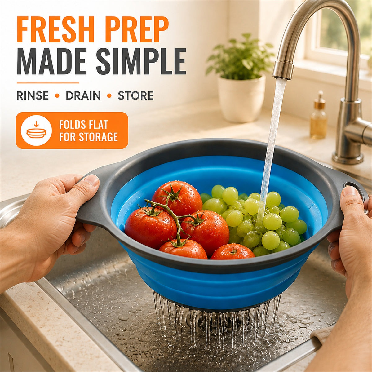 Foldable Silicone Strainer – Space-Saving Kitchen Drainer with Handles - lifestyle view