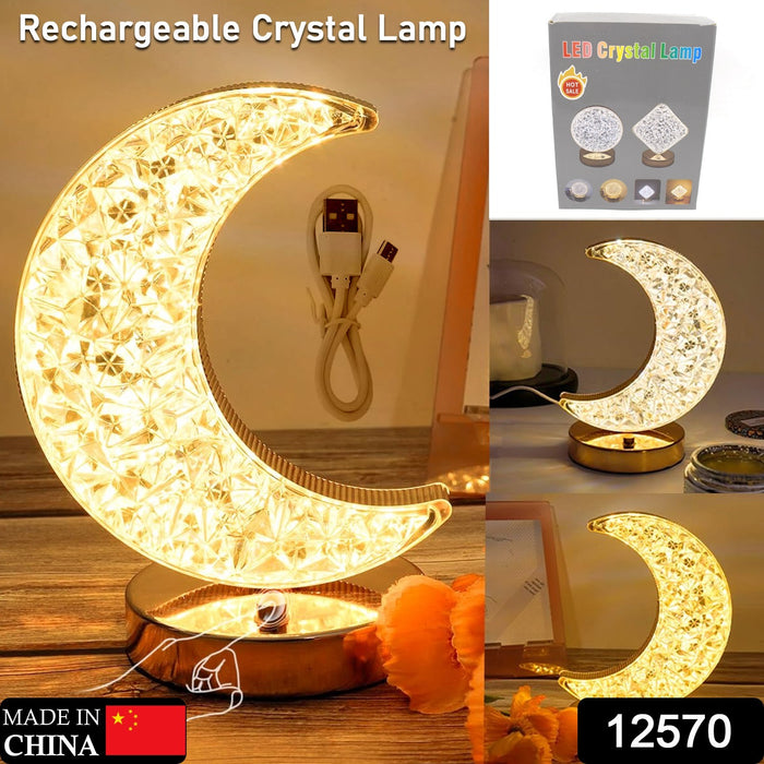 12570 Crystal Table Lamp | Moon Shape Touch Control Lamp with 3 Color | Metal Bedside Lamp for Kids Bedroom Romantic Desktop Nightstand | Stepless Dimming USB Charging Touch Night Light