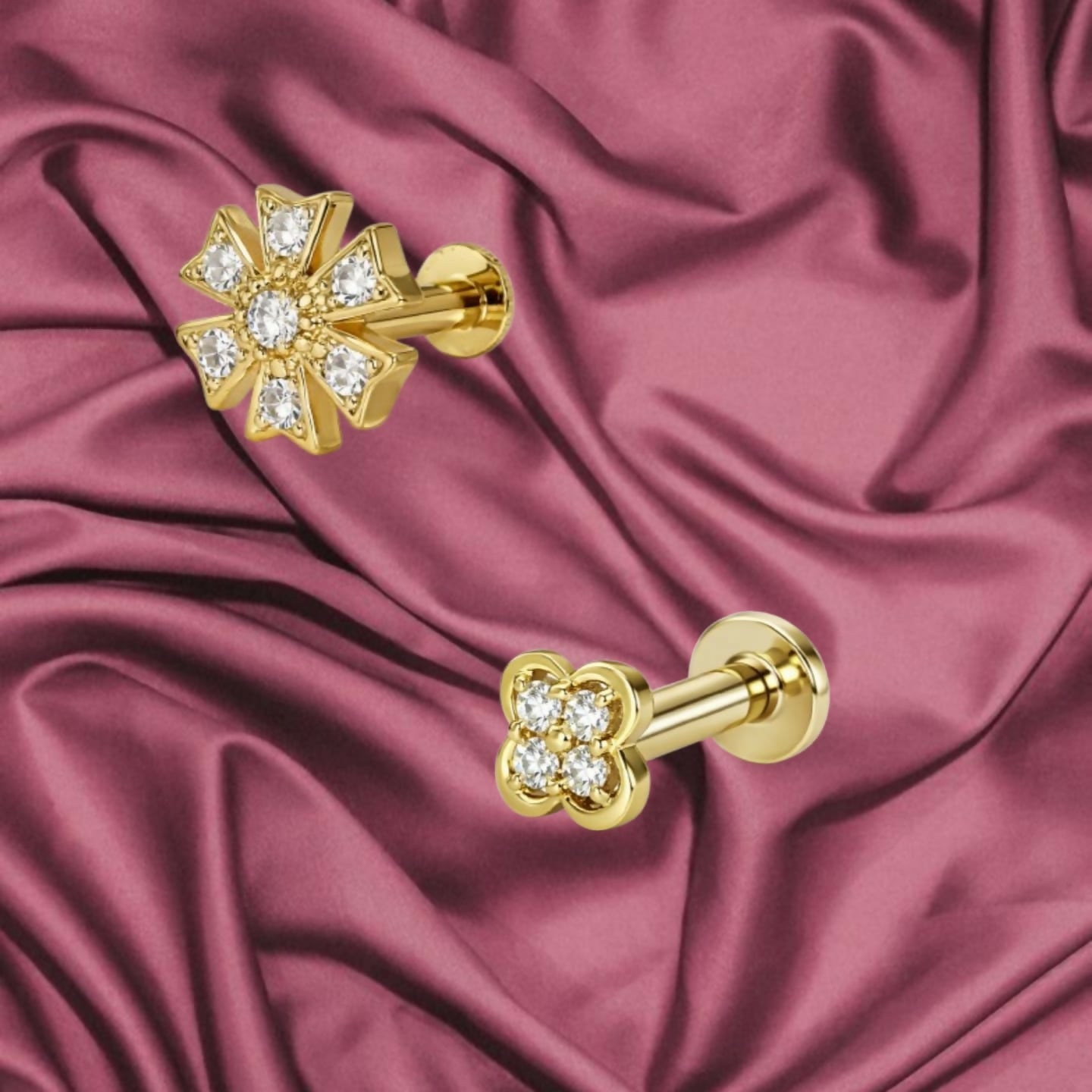 Close-up of gold plated flat back flower nose stud with internal threading