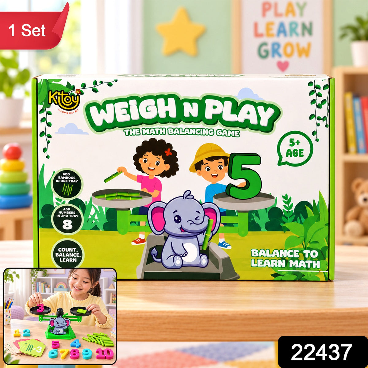 A Kitoy Weigh N Play math balancing game box with an inset image of a child playing with the scale.