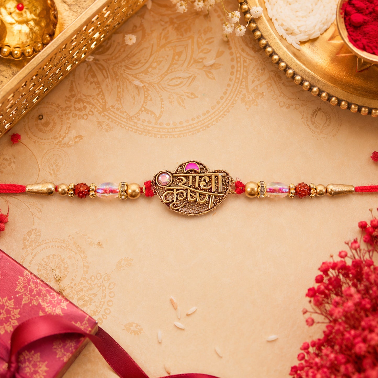 Radha Krishna Script Pendant Rakhi with Pink Kundan Beads