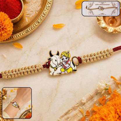 Bal Krishna with Cow Dori Rakhi and Butterscotch Chocolates, Pack of 3