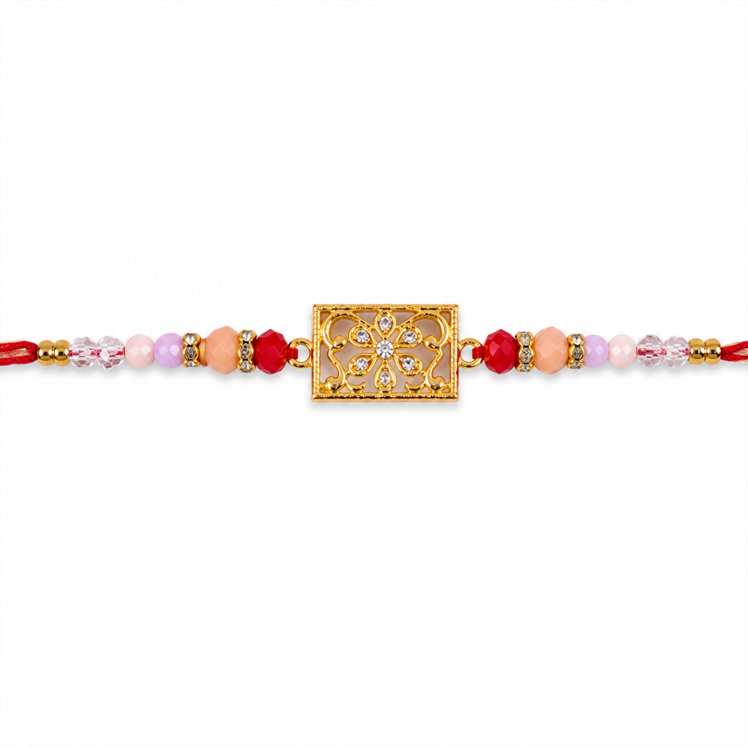 Rectangular AD Filigree Designer Rakhi for Brother with Pink Beads Gift