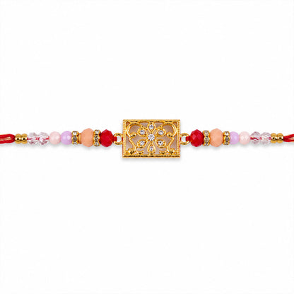 Rectangular AD Filigree Designer Rakhi for Brother with Pink Beads Gift