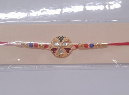 Floral Rakhi with Mirror Work Colorful Beads on Red Thread (10pcs)