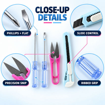 A graphic showing close-up details of the 4-piece tool set, highlighting screwdriver tips, snips, and utility knife features.