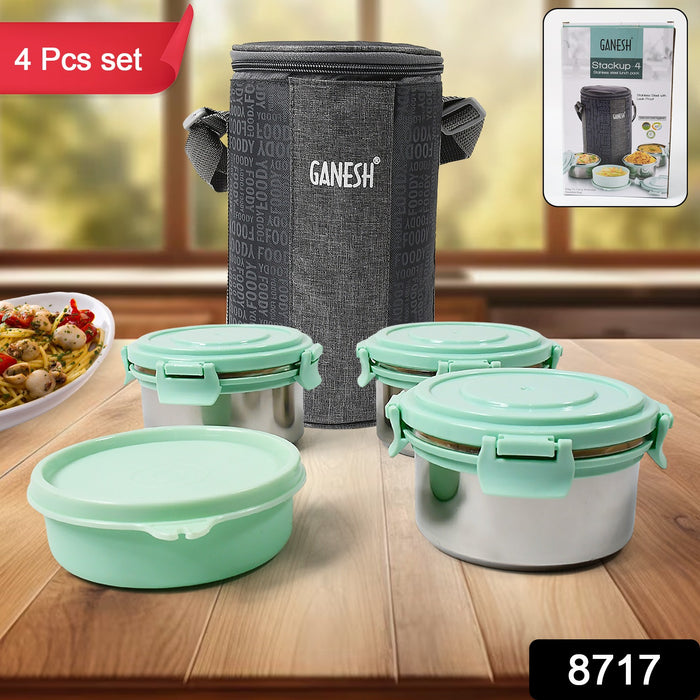 8717 Ganesh 4In1 Tiffin Box-Lunch Box | 3 Stainless Steel Containers 300 Ml Approx & Plastic Salad Container 200 Ml Approx| Plastic lid Box | Round Zip Bag | Leak Proof | Microwave Safe for Office, College and School for Men, Women 